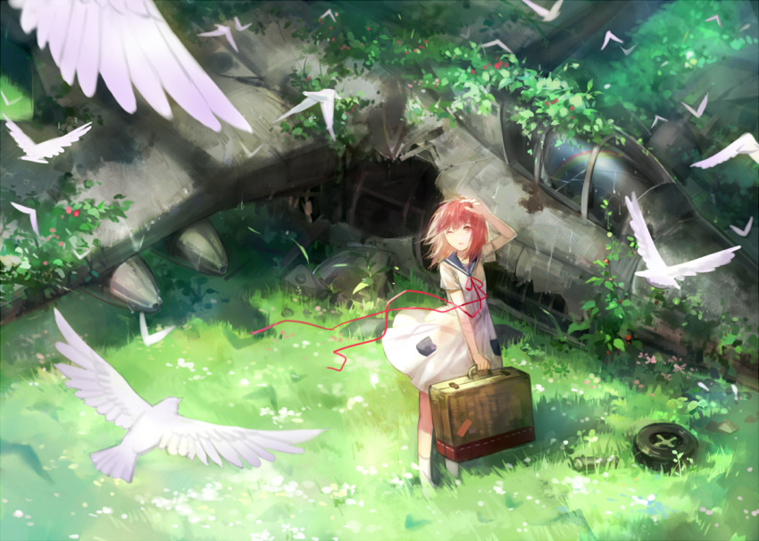 1girl airplane arm_up bird cotta grass jet long_hair looking_up nature original overgrown pink_eyes pink_hair plant ribbon sailor_dress scenery solo standing suitcase tire wink wreckage