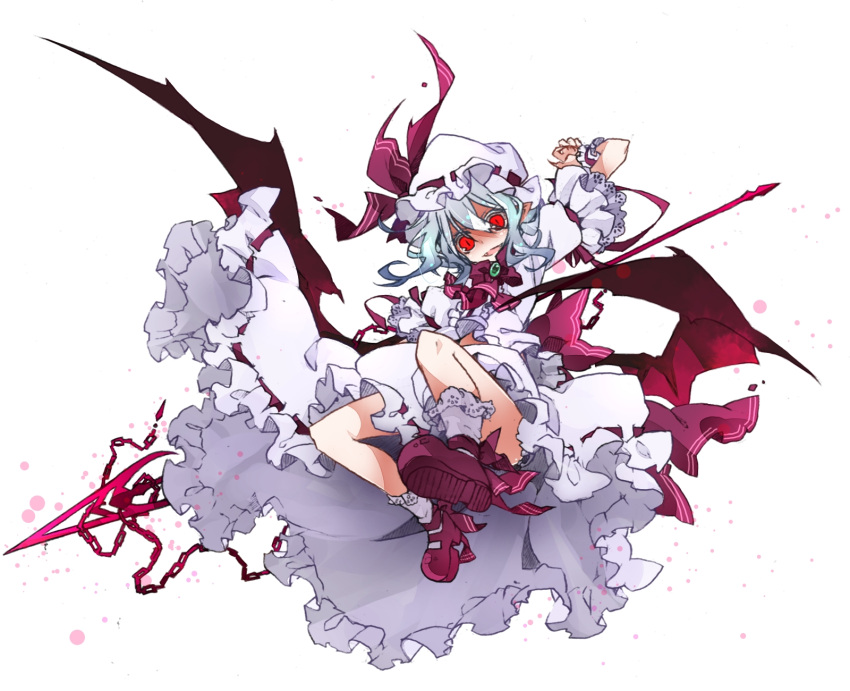1girl ascot bat_wings brooch censored chain convenient_censoring crazy_smile fangs hat hat_ribbon highres jewelry mob_cap open_mouth pointy_ears puffy_sleeves red_eyes red_shoes remilia_scarlet ribbon shirt shoes short_sleeves silver_hair simple_background skirt skirt_set smile socks solo spear_the_gungnir touhou toutenkou upskirt white_background white_legwear wings wrist_cuffs