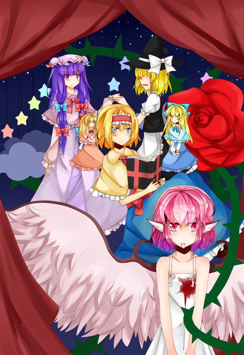 4girls absurdres aisee alice_margatroid alternate_costume apron bird_wings blonde_hair blood blood_from_mouth bloody_clothes blue_background blue_eyes book bow braid capelet clouds crescent curtains double_bun dress expressionless flower hair_bow hair_over_eyes hairband hat hat_ribbon heart heart-shaped_pupils highres holding_hands hourai_doll kirisame_marisa lolita_hairband long_hair looking_at_another looking_at_viewer mob_cap multiple_girls mystia_lorelei open_book open_mouth patchouli_knowledge payot pink_hair puppet_rings purple_hair red_eyes red_rose ribbon robe rose sash shanghai_doll short_hair single_braid skirt skirt_set sky smile star star_(sky) starry_sky sundress symbol-shaped_pupils thorns touhou v_arms waist_apron witch_hat