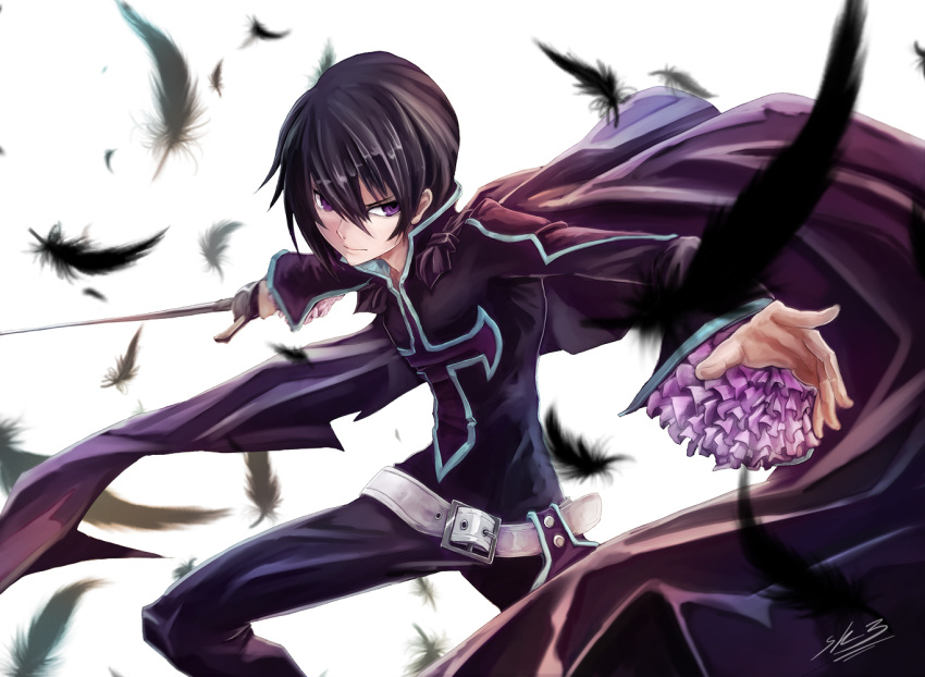 1boy belt black_hair cape feathers judas male pants serious solo soweldao sword tales_of_(series) tales_of_destiny_2 violet_eyes weapon white_background