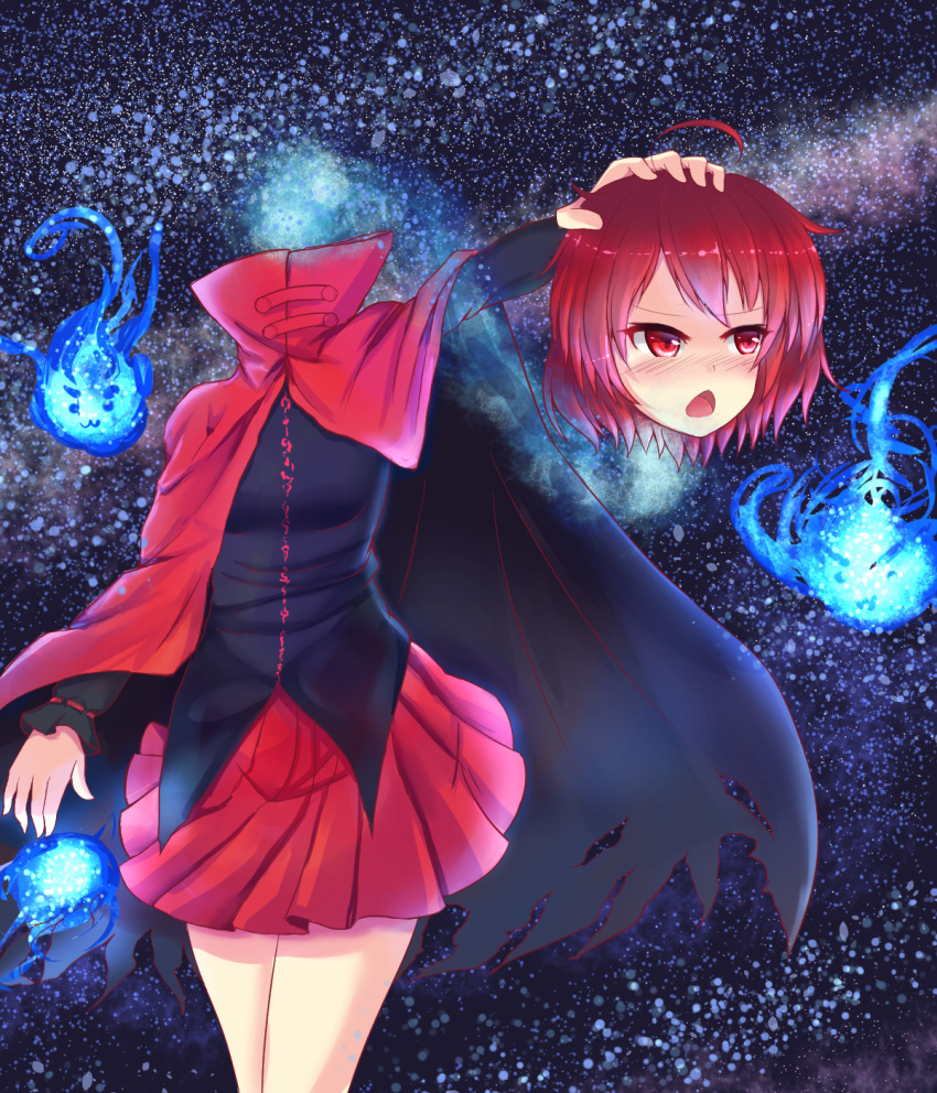 1girl ahoge blouse cape chestnut_mouth disembodied_head edison head_hold highres hitodama light_trail long_sleeves looking_away redhead sekibanki short_hair skirt sky solo star_(sky) starry_sky touhou