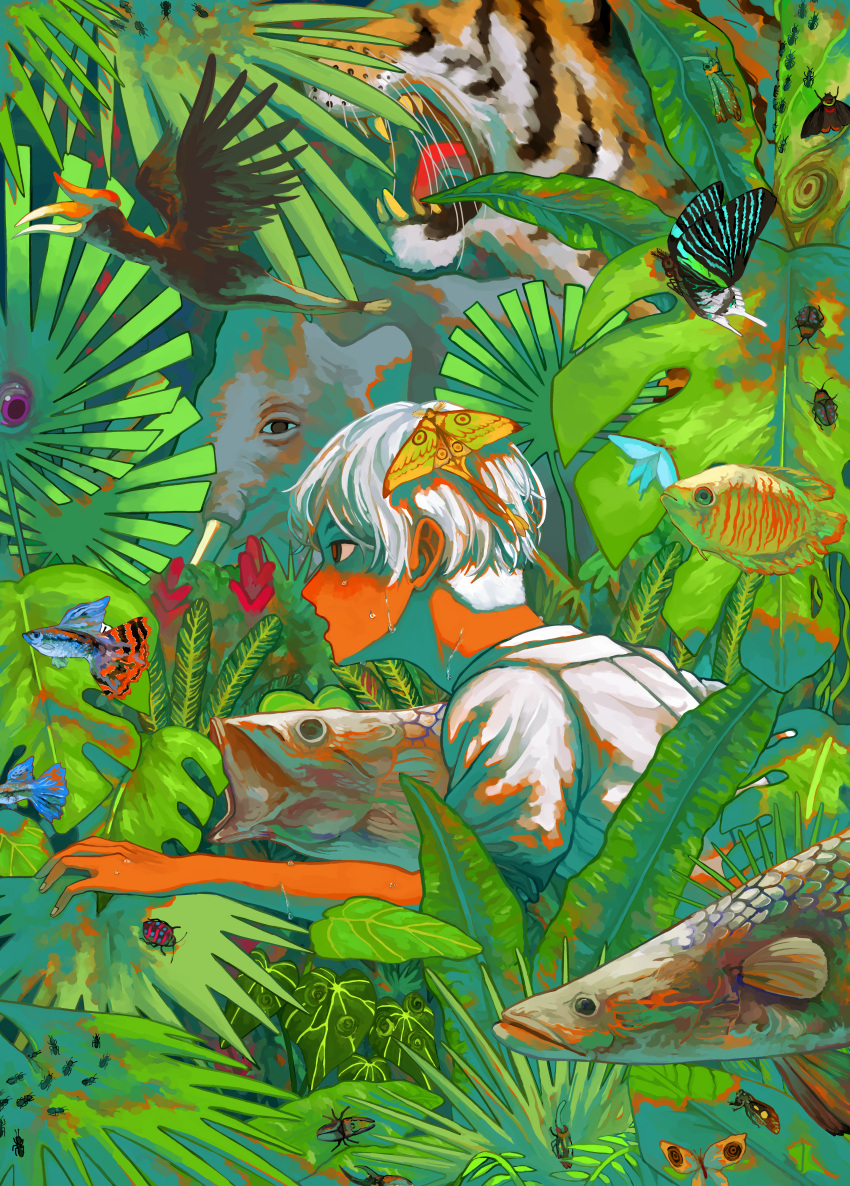 1boy absurdres animal animal_focus animal_request beetle bird black_bird bug butterfly colored_skin commentary_request elephant fish flying_fish from_side highres kumonoshiori male_focus open_mouth original plant red_skin shirt short_hair short_sleeves sweat tiger upper_body very_short_hair white_hair white_shirt