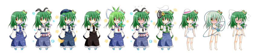 &gt;_&lt; 1girl alternate_color aqua_hair bare_shoulders bikini blush breasts cleavage cosplay detached_sleeves dress embarrassed expressive_clothes frog_hair_ornament green_hair hair_ornament hair_ribbon hairclip hat highres innertube kochiya_sanae komeiji_koishi komeiji_koishi_(cosplay) konpaku_youmu konpaku_youmu_(cosplay) konpaku_youmu_(ghost) long_image navel osashin_(osada) ribbon shimakaze_(kantai_collection) shimakaze_(kantai_collection)_(cosplay) skirt sleeves_past_wrists smile snake_hair_ornament star swimsuit touhou white_dress wide_image yellow_eyes