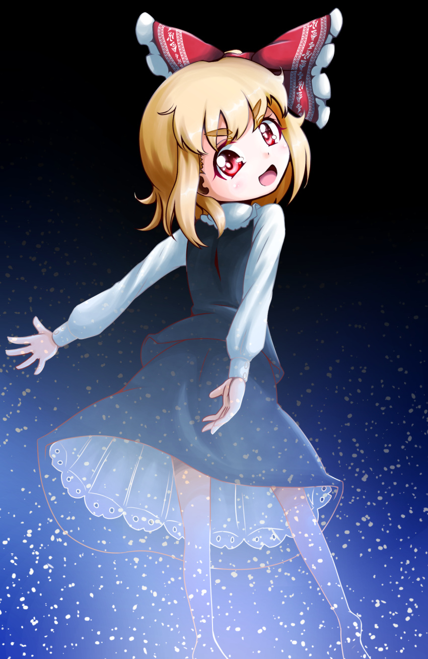 1girl blonde_hair bow darkness hair_bow highres light_particles long_sleeves looking_at_viewer looking_back open_mouth red_eyes ribbon roco_(katsuya1011) rumia shirt skirt skirt_set smile solo touhou turning vest