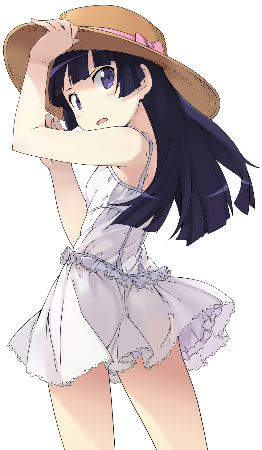 1girl absurdres arms_up bangs blunt_bangs dress from_behind gokou_ruri hat highres kanzaki_hiro looking_back mole open_mouth ore_no_imouto_ga_konna_ni_kawaii_wake_ga_nai purple_hair see-through small_breasts solo sun_hat sundress transparent_background vector_trace violet_eyes white_dress