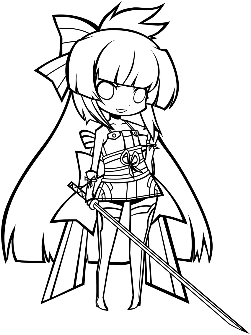 1girl chibi highres lineart long_hair looking_at_viewer monochrome smile solo sword syno very_long_hair weapon