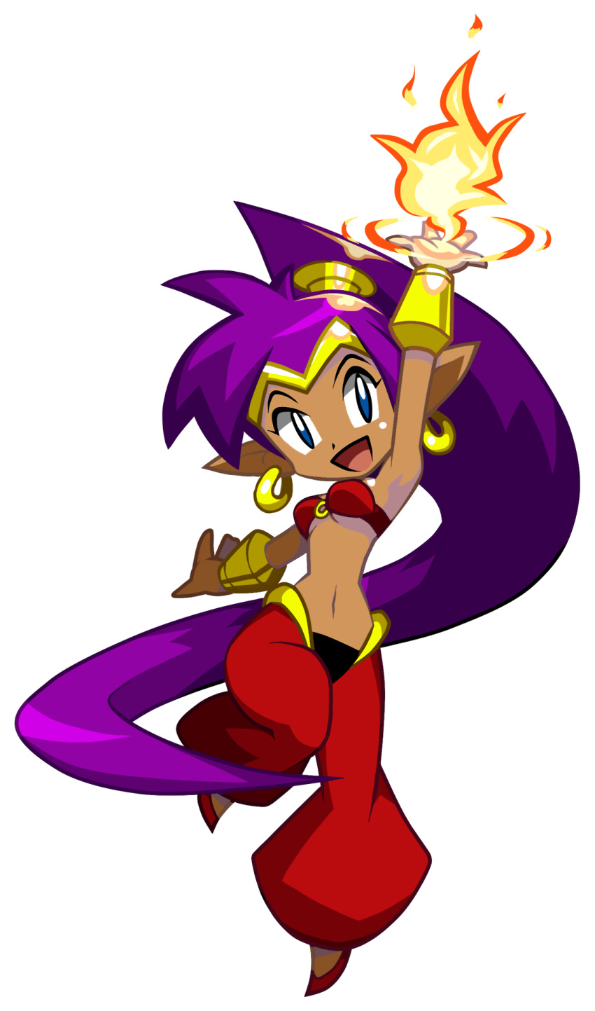 1girl arabian_clothes arm_up bandeau blue_eyes bracer dark_skin earrings fire hair_tubes harem_pants headband highres hoop_earrings jewelry long_hair magic navel official_art open_mouth photoshop pointy_ears ponytail purple_hair shantae shantae_(character) small_breasts smile solo very_long_hair