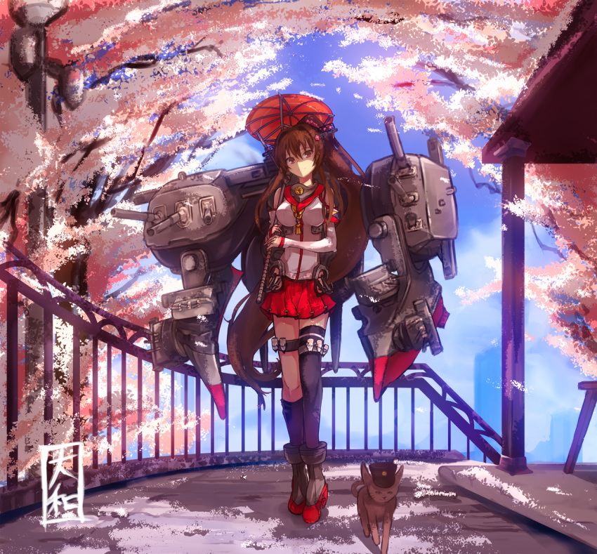 1girl arao black_legwear blush boots breasts brown_eyes brown_hair cat cherry_blossoms detached_sleeves flower hair_flower hair_ornament kantai_collection large_breasts long_hair looking_at_viewer personification ponytail single_thighhigh skirt smile solo thigh-highs umbrella very_long_hair yamato_(kantai_collection)