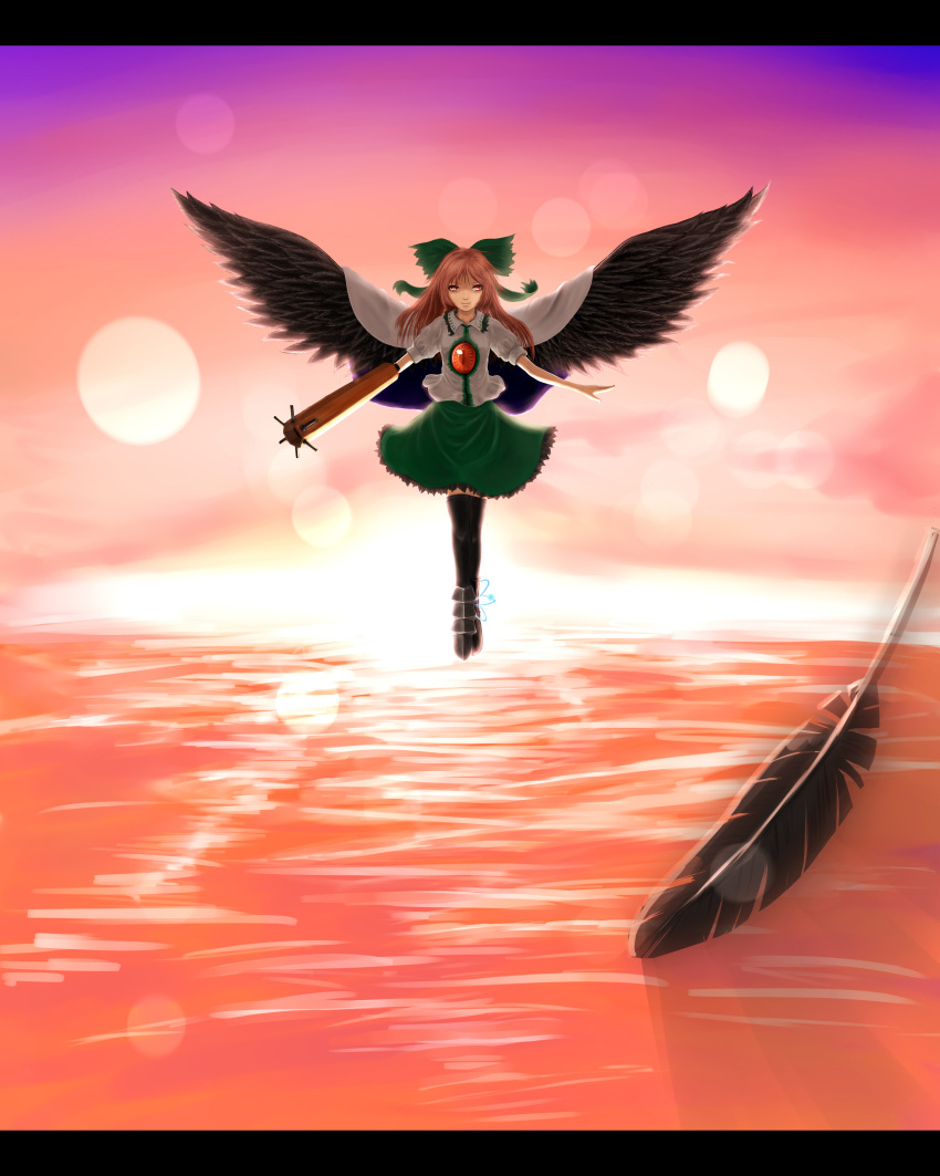 1girl absurdres alternate_hair_color arm_cannon bird_wings black_legwear blouse boots bow brown_hair cape feathers flying gradient gradient_background greaves hair_bow highres letterboxed long_hair looking_at_viewer mismatched_footwear open_hands outstretched_arms red_eyes reflection reiuji_utsuho short_sleeves skirt slit_pupils smile soysoy68 spread_arms thigh-highs third_eye touhou water weapon