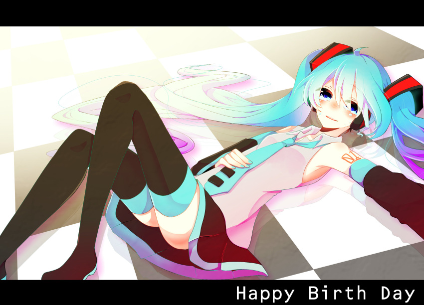 1girl aqua_hair blue_eyes blush boots checkered checkered_floor detached_sleeves hatsune_miku headphones highres iaiowakame letterboxed long_hair lying nail_polish necktie on_back skirt solo tears thigh-highs thigh_boots twintails very_long_hair vocaloid