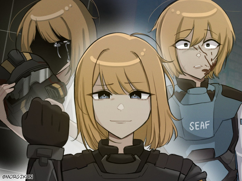 1girl armor black_gloves blonde_hair blood blood_on_face blue_eyes closed_mouth commentary constricted_pupils double-parted_bangs english_commentary gloves hand_up helldivers_(series) helmet holding holding_unworn_helmet looking_at_viewer morgzkun parted_bangs parted_lips seaf_soldier_(helldivers) short_hair smile swept_bangs unworn_headwear unworn_helmet