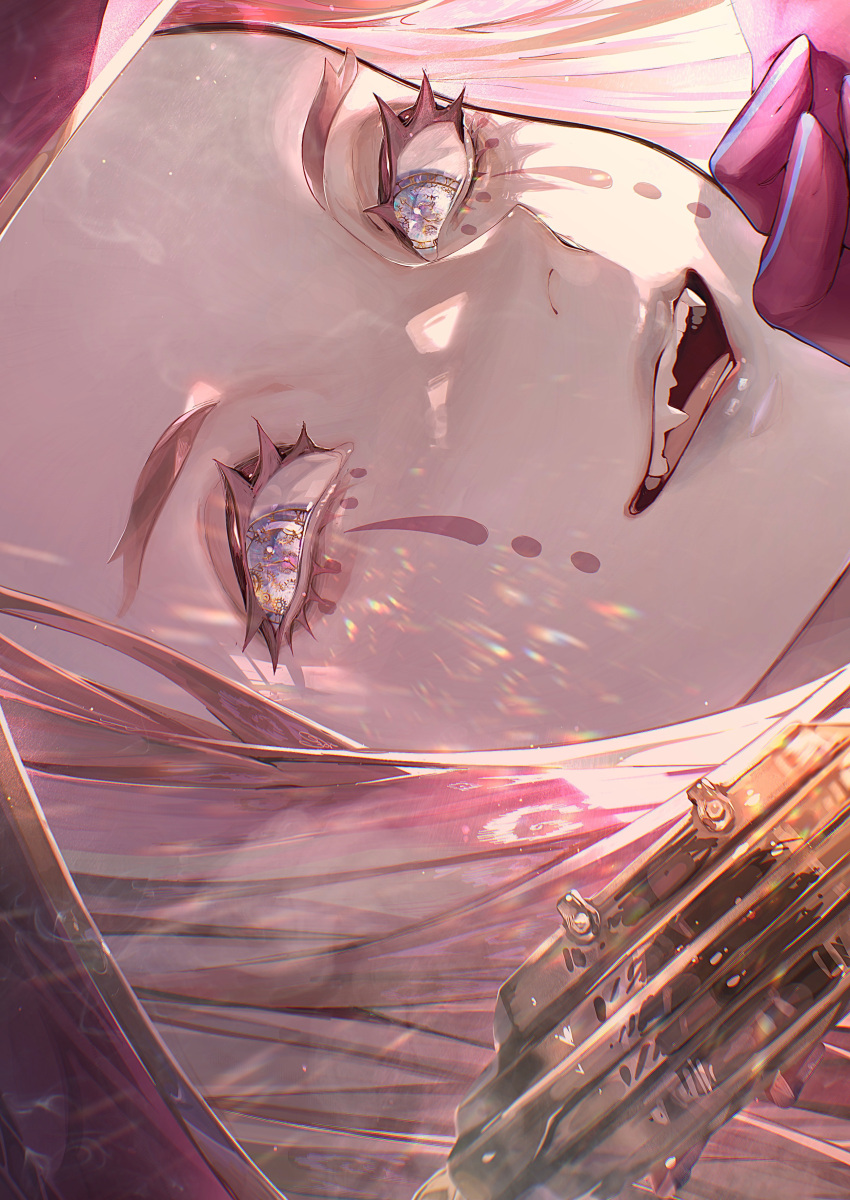 1boy absurdres blue_eyes close-up colored_skin curly_hair cuso4_suiwabutu demon_boy eyelashes fangs fate/grand_order fate_(series) gloves hat highres lips male_focus mephistopheles_(fate) multicolored_eyes open_mouth pale_skin parted_lips purple_hair shiny solo teardrop thick_eyebrows tick_tock_bomb violet_eyes white_skin