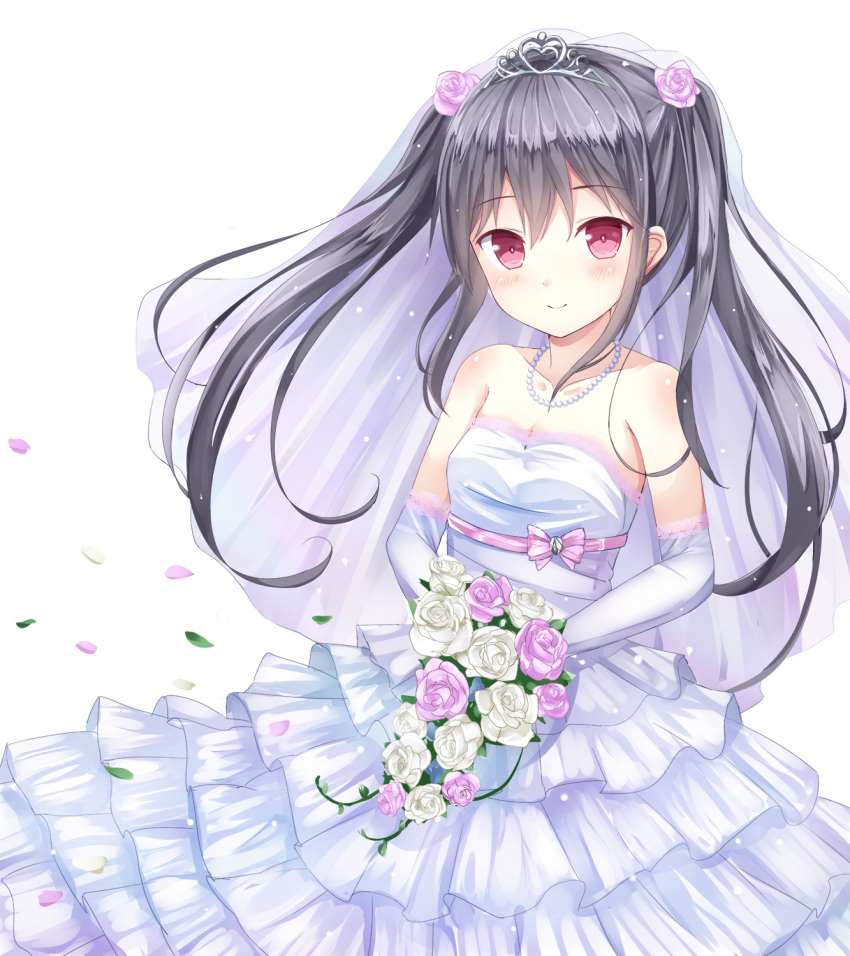 1girl black_hair blush bouquet bridal_veil bride flower highres jewelry morerin necklace original petals red_eyes smile solo tiara twintails veil