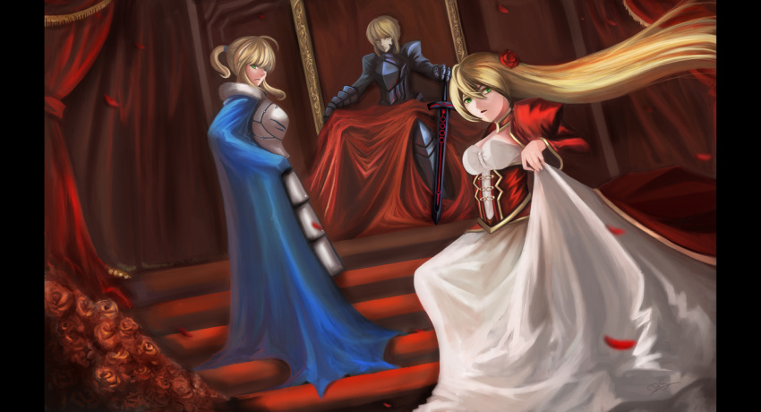 3girls armor armored_dress blonde_hair cape dark_excalibur dress dual_persona dzhang13 fate/extra fate/stay_night fate_(series) hair_down long_hair multiple_girls saber saber_alter saber_extra sword throne very_long_hair weapon yellow_eyes
