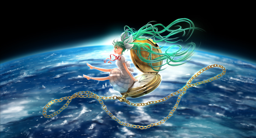 1girl absurdres bad_id barefoot dress floating_hair gd._fengzi green_eyes green_hair hatsune_miku highres long_hair open_mouth pocket_watch sitting solo twintails very_long_hair vocaloid watch