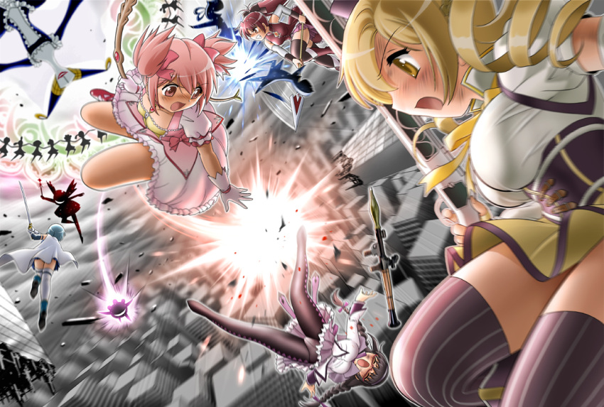 akemi_homura battle black_hair blonde_hair blood blue_hair bow_(weapon) braid city drill_hair glasses gun injury kaname_madoka long_hair mahou_shoujo_madoka_magica miki_sayaka musket panties panties_under_pantyhose pantyhose pink_eyes pink_hair polearm ponytail red_eyes redhead rocket_launcher rpg rpg-7 sakura_kyouko shingyouji_tatsuya short_hair spear striped striped_legwear sword thighhighs tomoe_mami twin_braids twin_drills twintails underwear walpurgisnacht's_familiars walpurgisnacht_(madoka_magica) weapon yellow_eyes