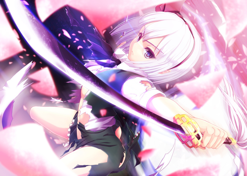 1girl blue_eyes dual_wielding hairband konpaku_youmu outstretched_arms petals short_hair silver_hair skirt skirt_set solo spread_arms sword torn_clothes torn_shirt torn_skirt touhou vest weapon windfeathers