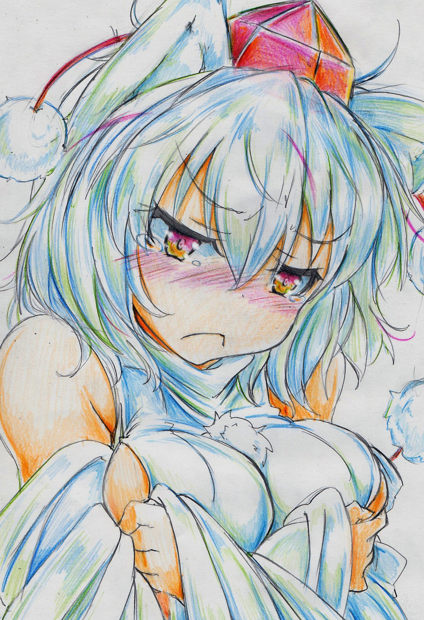 1girl :&lt; animal_ears bare_shoulders blush breast_hold breasts colored_pencil_(medium) crossed_arms detached_sleeves embarrassed hat highres inubashiri_momiji kitazinger large_breasts red_eyes short_hair sideboob silver_hair solo tears tokin_hat touhou traditional_media white_hair wolf_ears