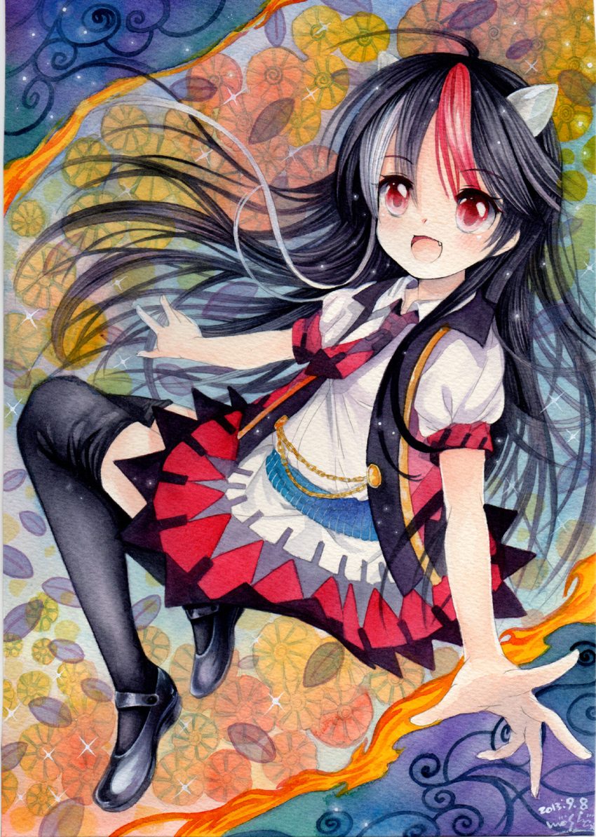1girl ahoge chain chrysanthemum dress fang floral_background flower highres horns kijin_seija long_hair looking_at_viewer mary_janes mosho multicolored_background multicolored_dress multicolored_hair open_hands open_mouth red_eyes shoes short_sleeves solo sparkle thigh-highs touhou traditional_media watercolor_(medium)