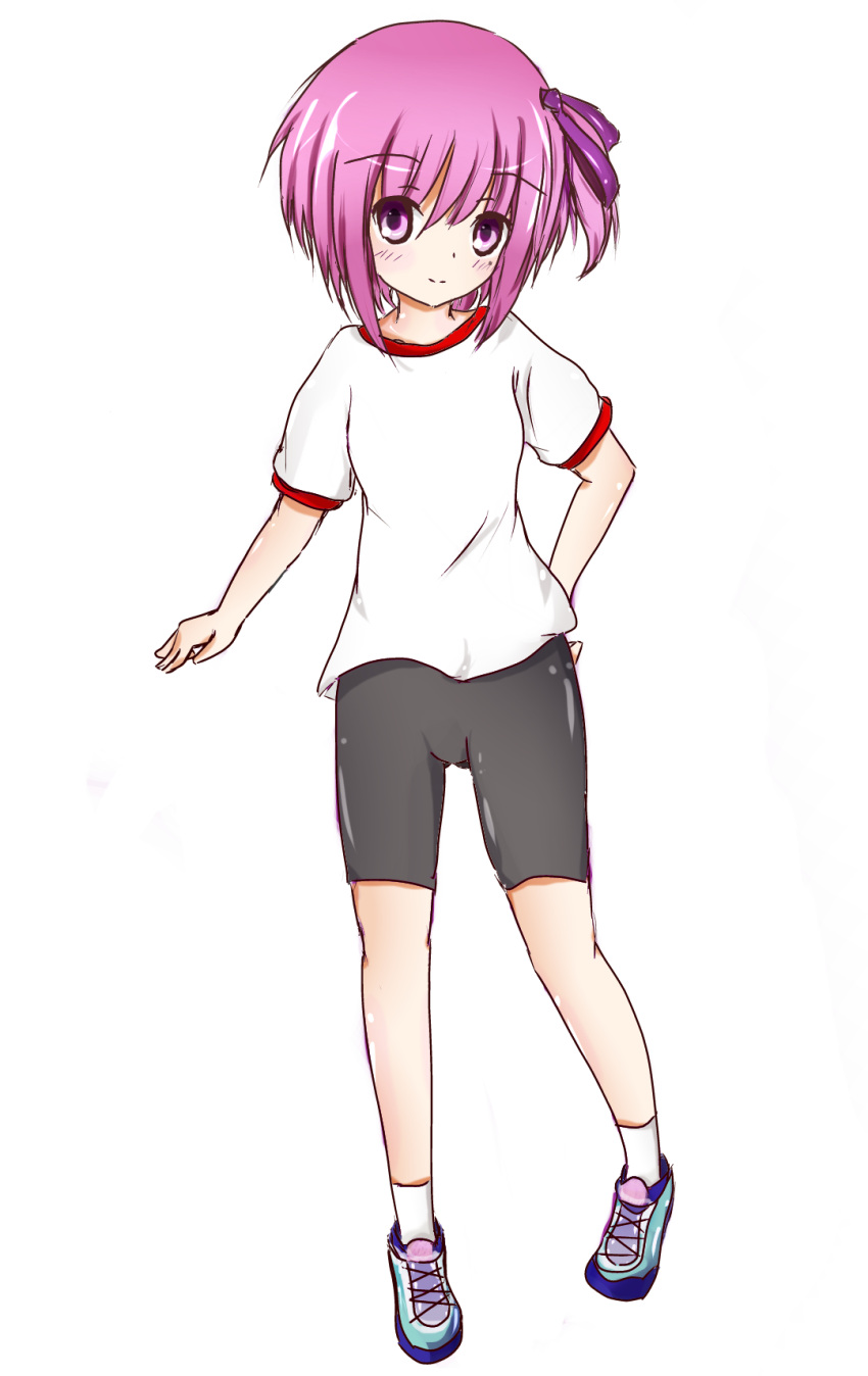 1girl bike_shorts black_bike_shorts gym_uniform highres minato_tomoka purple_hair ribbon rou-kyuu-bu! rough short_hair shorts side_ponytail smile violet_eyes white_background