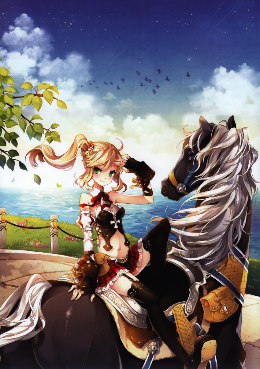 1girl absurdres armor bare_shoulders bird black_gloves black_legwear blonde_hair boots braid fingerless_gloves garter_straps gloves green_eyes halter_top halterneck highres horse lace lace-trimmed_skirt lace-trimmed_thighhighs leaf leg_up long_hair looking_at_viewer midriff navel plaid plaid_skirt pleated_skirt saddle scan side_ponytail sitting skirt sky smile solo tearfish thigh-highs water