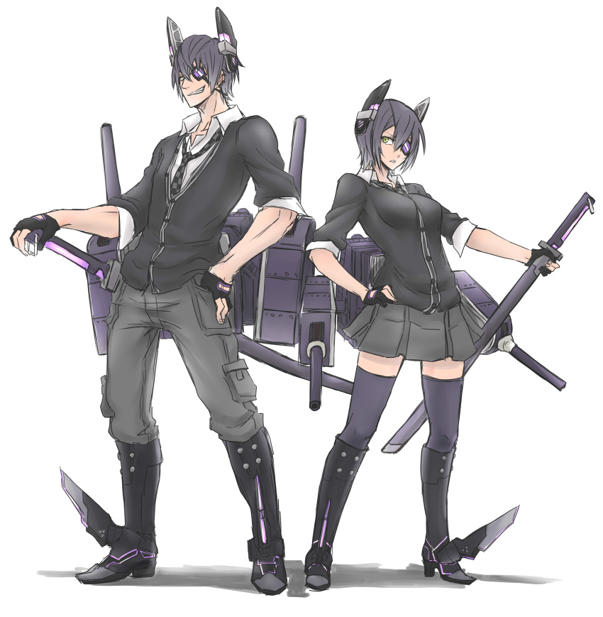 1boy 1girl 8page absurdres boots dual_persona eyepatch fingerless_gloves genderswap gloves grin hand_on_hip headgear highres kantai_collection machinery necktie personification purple_hair short_hair sketch smile sword tenryuu_(kantai_collection) thighhighs turret weapon yellow_eyes