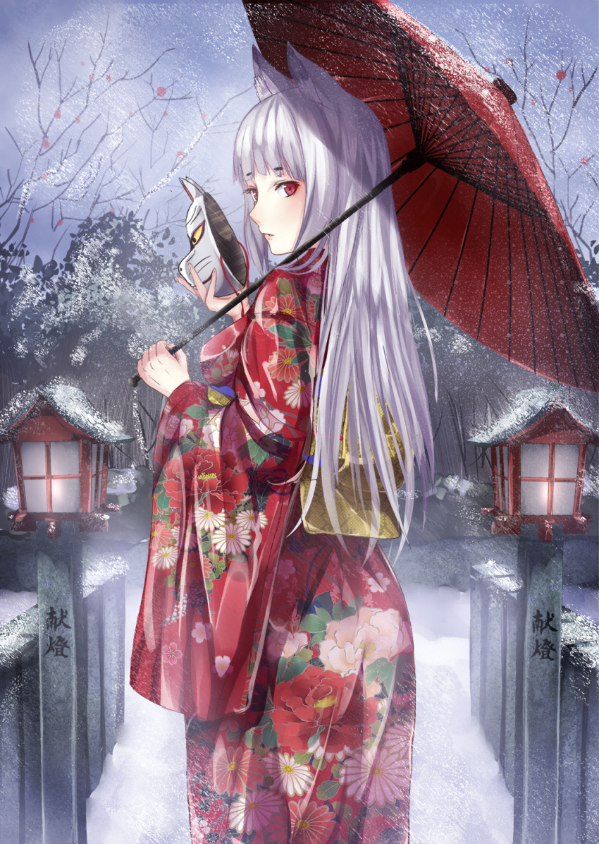 1girl animal_ears floral_print fox_mask highres japanese_clothes kimono looking_back mask morerin obi original red_eyes snow solo white_hair