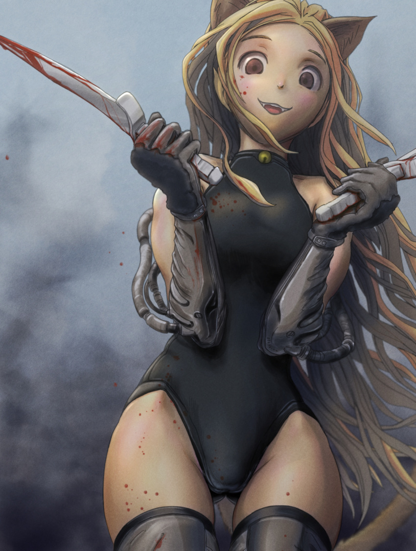 1girl animal_ears bell black_gloves black_legwear blonde_hair blood blood_on_face bloody_clothes bloody_knife brown_eyes cat_ears cat_tail crazy_smile dual_wielding elbow_gloves fangs gloves highres knife leotard long_hair looking_at_viewer original pandarou solo tail thighhighs very_long_hair