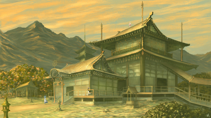 blonde_hair blue_hair brown_hair dress highres hijiri_byakuren hood kumoi_ichirin lance long_hair mountain myouren_temple polearm rat1989 scenery stone_lantern toramaru_shou touhou tree weapon