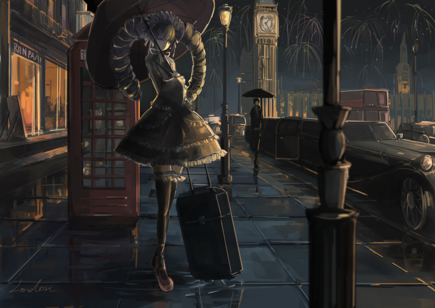 1boy 1girl big_ben black_hair black_legwear blurry celestia_rudenberk dangan_ronpa depth_of_field dress fireworks frills gothic_lolita limousine lolita_fashion london long_hair phone_booth qianqian rain red_eyes reflection smile thighhighs umbrella zettai_ryouiki