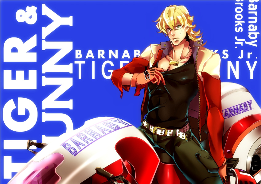 1boy barnaby_brooks_jr blonde_hair character_name glasses gloves jacket jewelry mad369 motor_vehicle motorcycle necklace red_jacket solo tiger_&amp;_bunny vehicle