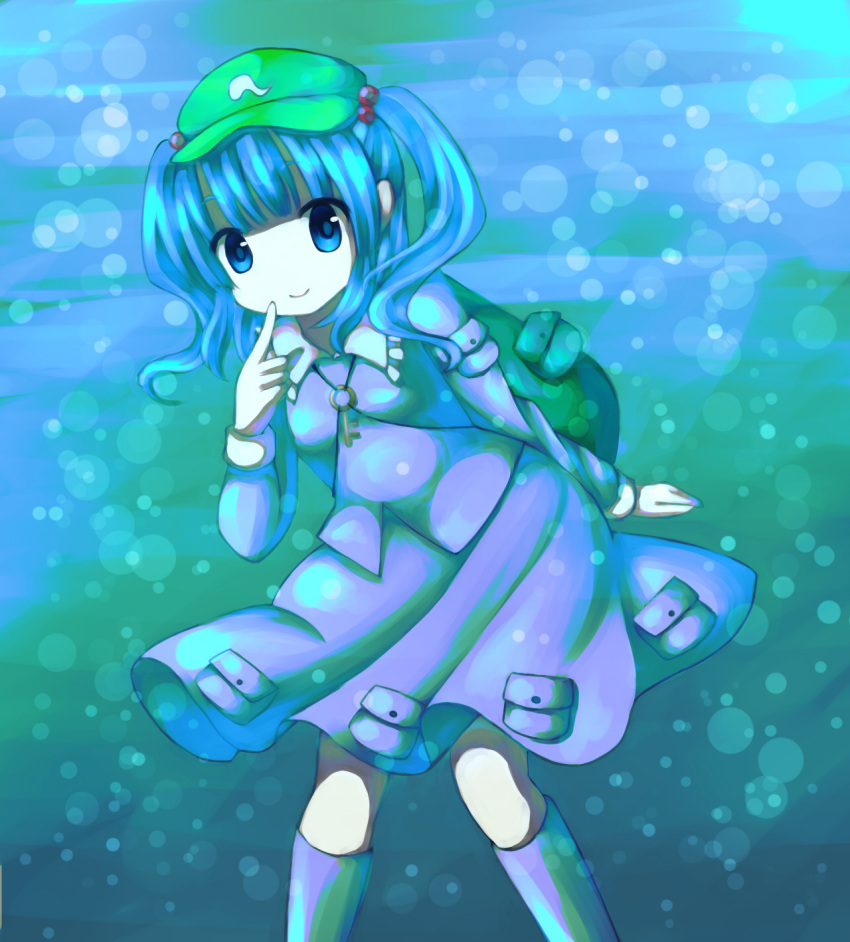 1girl backpack bag blue_eyes blue_hair boots bubble finger_to_face hair_bobbles hair_ornament hat highres kawashiro_nitori key long_sleeves looking_at_viewer mugi_(ttkttc) rubber_boots short_hair skirt skirt_set smile solo touhou twintails underwater