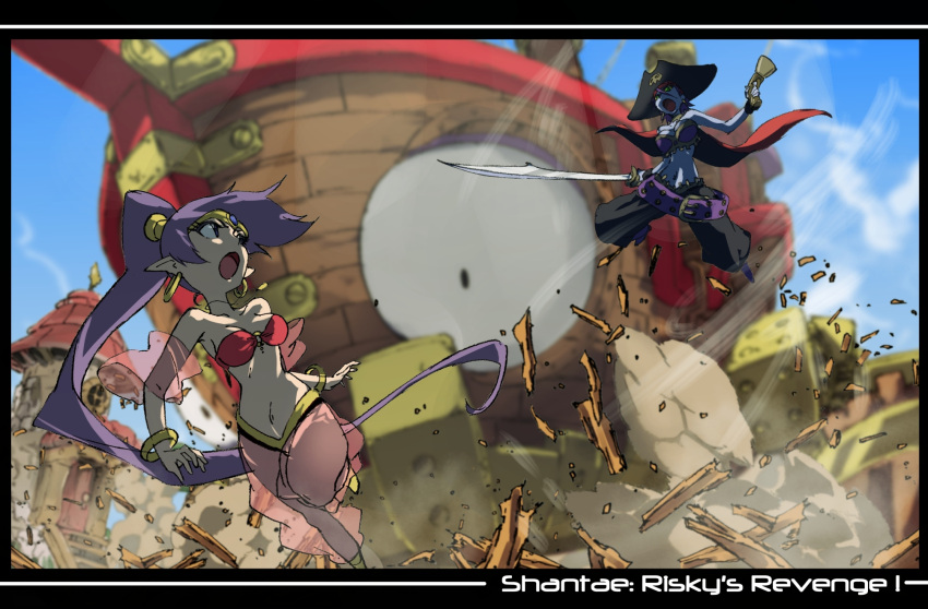 2girls baggy_pants bandana bangle bare_shoulders battle beltskirt blue_eyes boat bra bracelet breasts cleavage cutlass_(sword) destruction detached_sleeves dual_wielding earrings forehead_jewel green_eyes gun harem_pants hat highres hoop_earrings jewelry lighthouse long_hair multiple_girls necklace open_mouth pirate pirate_hat pirate_ship pistol pointy_ears ponytail purple_hair risky_boots running_away see-through shantae shantae_(character) soft_focus sones-krt strapless_bra tiara underwear very_long_hair weapon