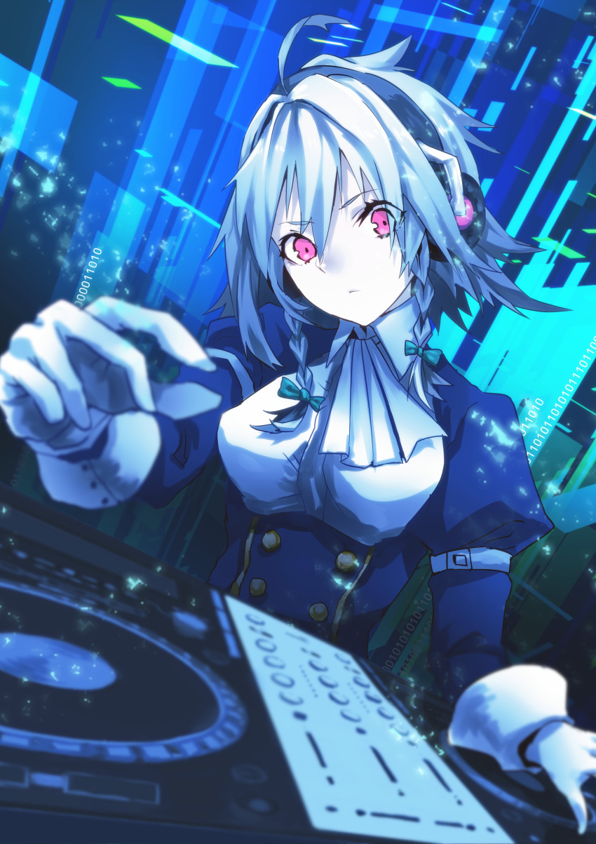 1girl absurdres blurry braid bust depth_of_field gloves headphones highres izayoi_sakuya mephist-pheles phonograph pink_eyes ribbon short_hair silver_hair solo touhou turntable twin_braids white_gloves