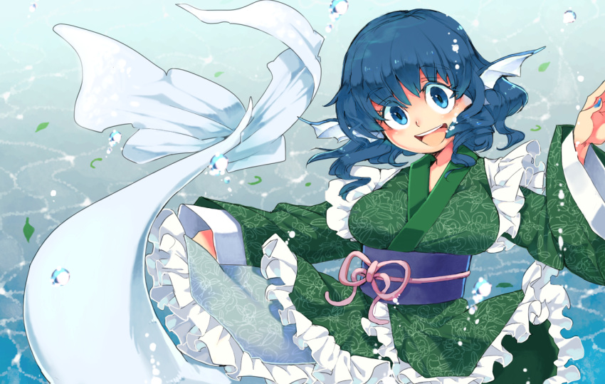 1girl animal_ears blue_eyes blue_hair breasts head_fins iroyopon japanese_clothes long_sleeves mermaid monster_girl obi open_mouth short_hair smile solo touhou wakasagihime water wide_sleeves