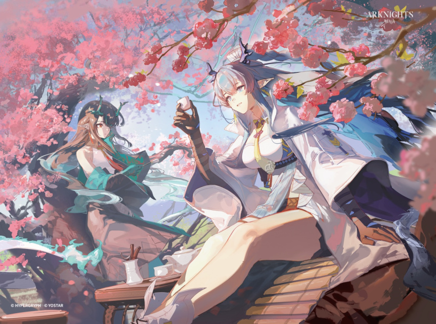 2girls aqua_jacket arknights arm_up bare_shoulders black_hair black_jacket blue_eyes blue_hair branch breasts choko_(cup) cup dragon_girl dusk_(arknights) earrings eastern_dragon_horns flower hair_over_one_eye holding horns jacket jewelry ling_(arknights) long_hair long_sleeves looking_ahead multicolored_jacket multiple_girls necktie off_shoulder one_eye_covered open_clothes open_jacket orange_eyes outdoors parted_lips pink_flower pointy_ears rafaelaaa siblings sidelocks sisters smile teapot two-tone_jacket white_jacket wide_sleeves wind yellow_necktie