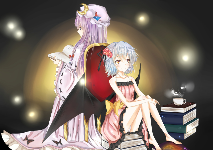 2girls absurdres alternate_costume artist_request back-to-back bare_legs bare_shoulders barefoot bat_wings blue_hair book bow crescent cup dress flower gown hair_flower hair_ornament highres lavender_hair magic_circle multiple_girls no_hat orange_eyes panties pantyshot pantyshot_(sitting) patchouli_knowledge remilia_scarlet sitting star star-shaped_pupils symbol-shaped_pupils tagme teacup touhou underwear violet_eyes wings yuri