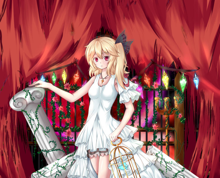1girl alternate_costume arm_up armpits bare_shoulders birdcage blonde_hair breasts butterfly cage candlestand collarbone cross curtains dress flandre_scarlet flower full_moon hair_ribbon highres iron_bars jewelry looking_at_viewer mero_(3445036) moon necklace parted_lips pillar red_eyes red_moon red_rose ribbon rose shadow short_hair side_ponytail sleeveless sleeveless_dress solo touhou vines wings