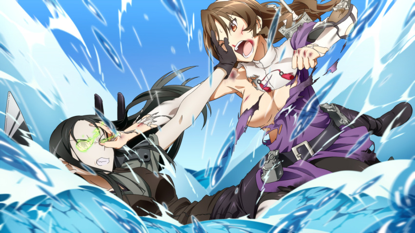 2girls ashigara_(kantai_collection) belt black_hair blood blood_on_face breasts brown_eyes brown_hair bruise catfight censored convenient_censoring cuts gloves glowing glowing_eyes highres injury kantai_collection komakedara long_hair multiple_girls nosebleed open_mouth pale_skin personification ru-class_battleship screaming shinkaisei-kan splashing torn_clothes water wince