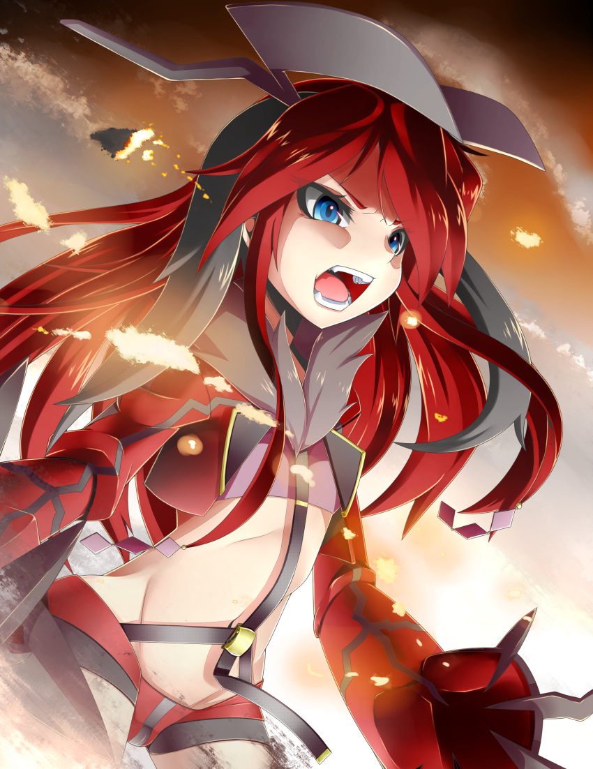 1girl absurdres black_hair blue_eyes claws fangs highres horns kagiyama_(74297429) long_hair midriff multicolored_hair open_mouth personification pokemon pokemon_(game) pokemon_xy redhead solo two-tone_hair yveltal