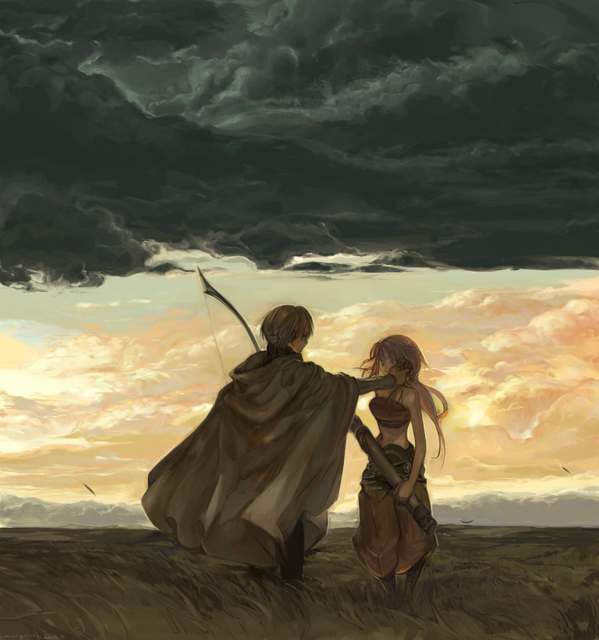 1boy 1girl arrow bare_shoulders bow cape clouds cloudy_sky crop_top dark_clouds grass hand_on_another's_cheek hand_on_another's_face highres long_hair mangetsu midriff navel original pants quiver short_hair sleeveless wind