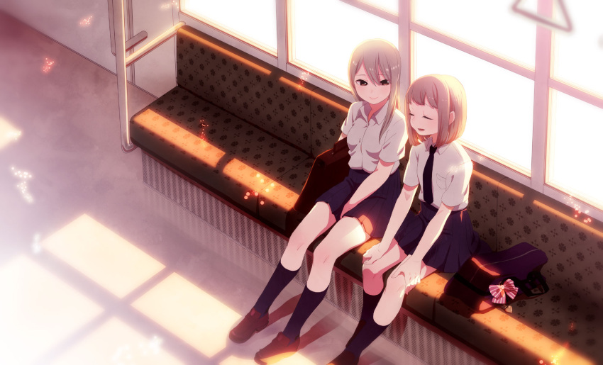 2girls bag black_legwear blonde_hair bow brown_eyes closed_eyes handbag highres kneehighs multiple_girls musco necktie original school_uniform shoes sitting skirt smile train tram window