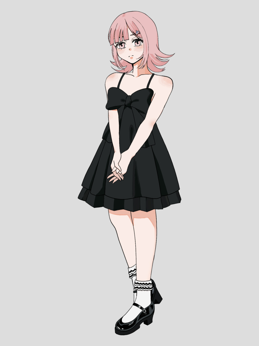 1girl alternate_costume bare_shoulders black_bow black_dress black_shoes blush bow brown_hair collarbone danganronpa_(series) danganronpa_2:_goodbye_despair dress flipped_hair full_body grey_background hair_ornament hida_mari_kaoru highres medium_hair nanami_chiaki own_hands_together shoes simple_background smile socks solo white_socks