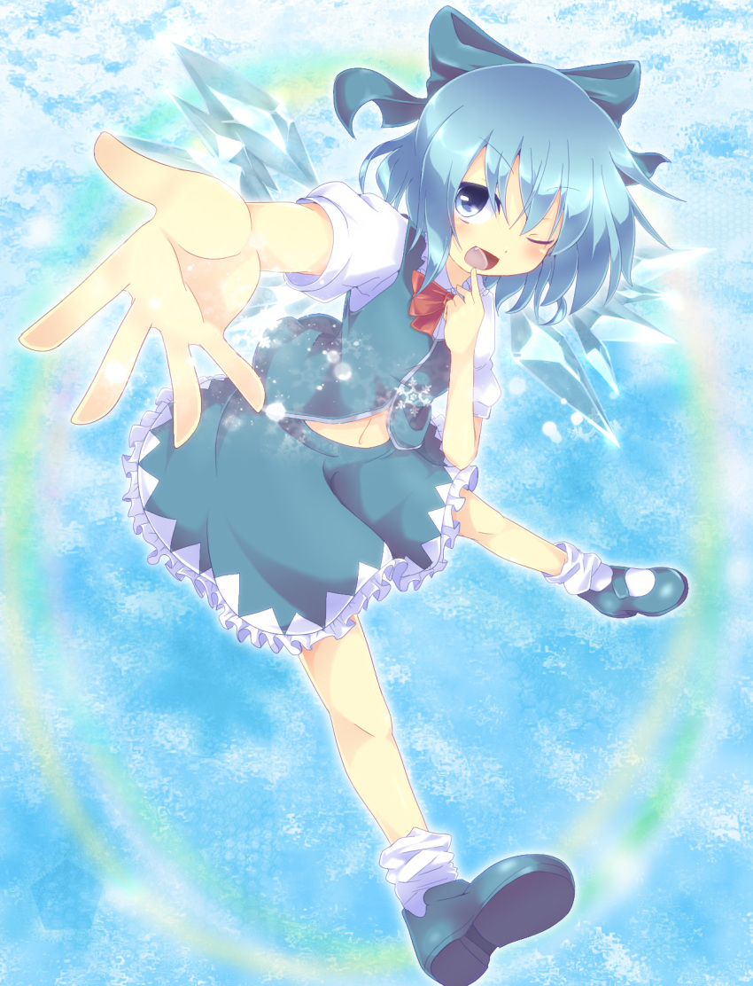 1girl blue_eyes blue_hair cirno colored fang finger_to_mouth hair_ribbon highres ice ice_wings josephine_(twin_tail_rabbit) mary_janes midriff navel open_mouth outstretched_arm outstretched_hand puffy_sleeves ribbon shoes short_hair skirt smile solo touhou wings