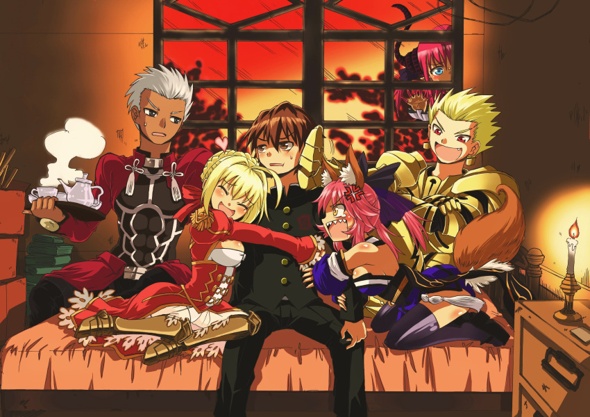 3boys 3girls absurdres animal_ears archer armor bare_shoulders bed black_legwear blonde_hair blue_eyes book boots bow breast_press breasts brown_eyes brown_hair candle caster_(fate/extra) cleavage cloak closed_eyes cup detached_sleeves dress earrings epaulettes fangs fate/extra fate/extra_ccc fate_(series) fox_ears fox_tail gilgamesh hair_bow hair_ribbon highres horns jacket japanese_clothes jewelry kishinami_hakuno_(male) lancer_(fate/extra_ccc) long_hair multiple_boys multiple_girls open_mouth pants pink_hair pot red_dress red_eyes ribbon saber_extra shirt short_hair silver_hair sitting smile tail thigh-highs tray trench_coat twintails window yellow_eyes zatou_(kirsakizato)