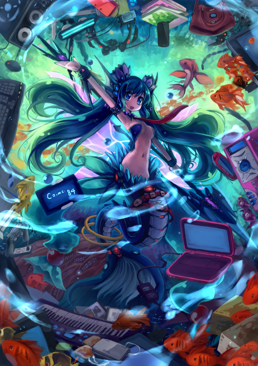 1girl :d absurdres bag blue_eyes blue_hair comiket computer controller fish game_controller highres hoshi_no_gen instrument keyboard keyboard_(instrument) laptop long_hair mermaid monster_girl nintendo_3ds no_nose open_mouth original playstation_4 playstation_vita smile solo twintails typo underwater