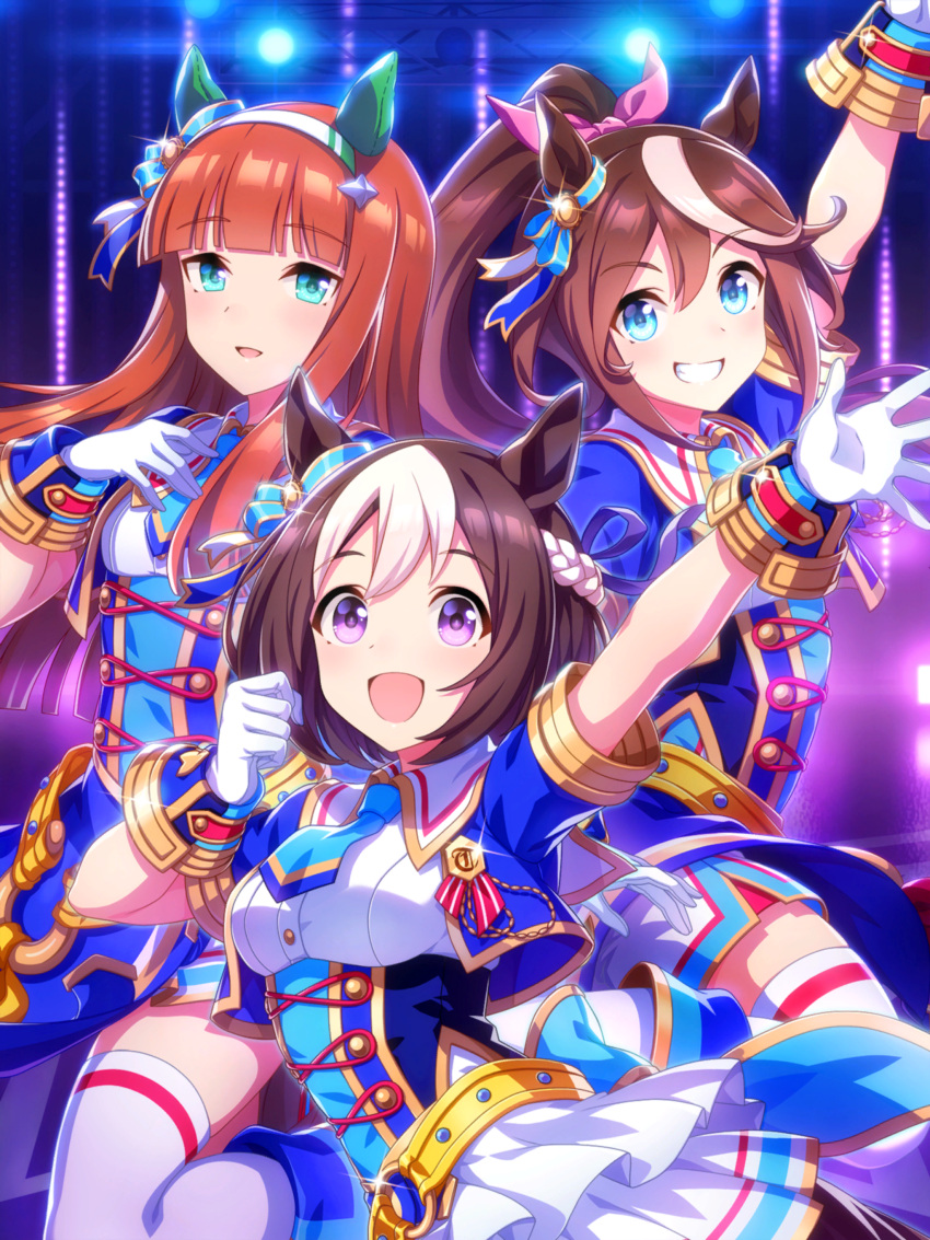 3girls absurdres animal_ears aqua_eyes artist_request back_bow belt blue_bow blue_corset blue_dress blue_eyes blue_necktie blue_wrist_cuffs blunt_bangs bow braid breasts brown_hair buttons clenched_hand corset cowboy_shot dot_nose dress dress_shirt ear_bow ear_covers ear_ornament eyelashes frilled_skirt frills game_cg glorious_azure_costume_(umamusume) gloves grin hair_bow hair_ornament hair_ribbon hairband half_up_braid hand_on_own_chest happy high_ponytail highres horse_ears horse_girl idol light_blush long_hair medium_breasts miniskirt multicolored_hair multiple_girls necktie o-ring o-ring_belt official_art open_mouth orange_hair outdoors outstretched_arm pink_bow ponytail purple_ribbon ribbon shirt shirt_under_dress short_sleeves sidelocks silence_suzuka_(umamusume) skirt smile sparkle special_week_(umamusume) stage stage_lights standing studded_belt tareme thigh-highs tokai_teio_(umamusume) tsurime two-tone_hair umamusume very_long_hair violet_eyes waving white_gloves white_hair white_hairband white_shirt white_skirt white_thighhighs wrist_cuffs yellow_belt