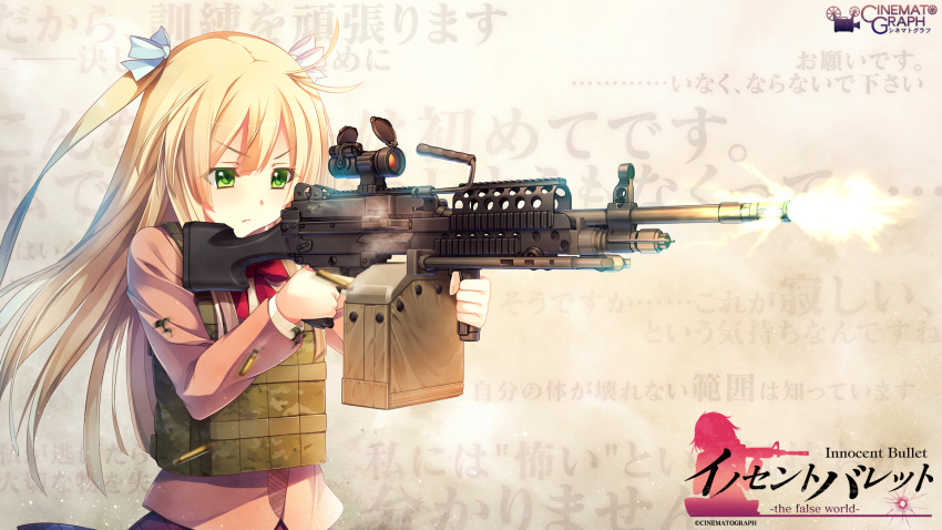 1girl blazer blonde_hair bowtie camouflage casing_ejection copyright_name firing green_eyes gun hair_ribbon highres innocent_bullet load_bearing_vest logo long_hair machine_gun mk_48 muzzle_flash official_art oosaki_shin'ya ribbon school_uniform shell_casing solo two_side_up vest wallpaper weapon yasouji_ai