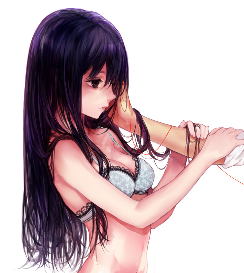 1girl aqua_bra black_eyes black_hair bra breasts character_request cleavage hand_on_another's_face highres holding_arm lips long_hair red_string simple_background string tcb underwear white_background