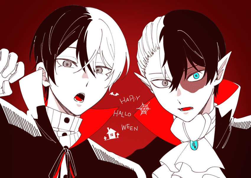 2boys aoyagi_touya bat_(animal) blue_eyes boku_no_hero_academia commentary crossover gloves hair_between_eyes halloween hand_up happy_halloween heterochromia high_collar highres looking_at_viewer male_focus mole mole_under_eye multicolored_hair multiple_boys open_mouth pointy_ears project_sekai red_background scar scar_on_face shikkaku_(2_3mlol) short_hair silk spider_web split-color_hair symbol-only_commentary teeth todoroki_shoto two-tone_hair upper_body vampire_costume